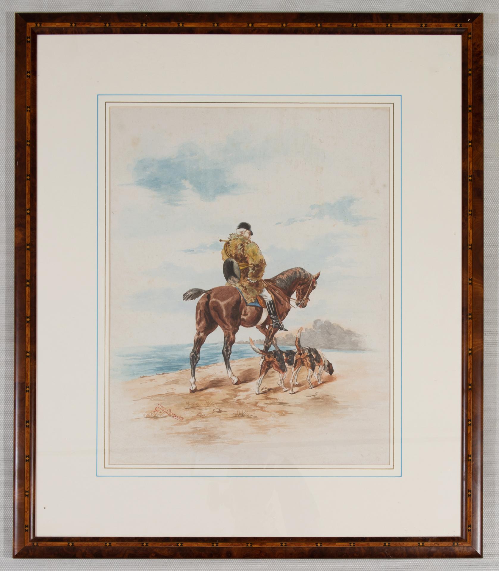 Pair of French watercolors of knights hunting during a break.
A moment of peace and nature: naturally painted by a woman..
Signed Jeanne Bourgailh -
I chose a thin but precious frame.

ref. ST/290