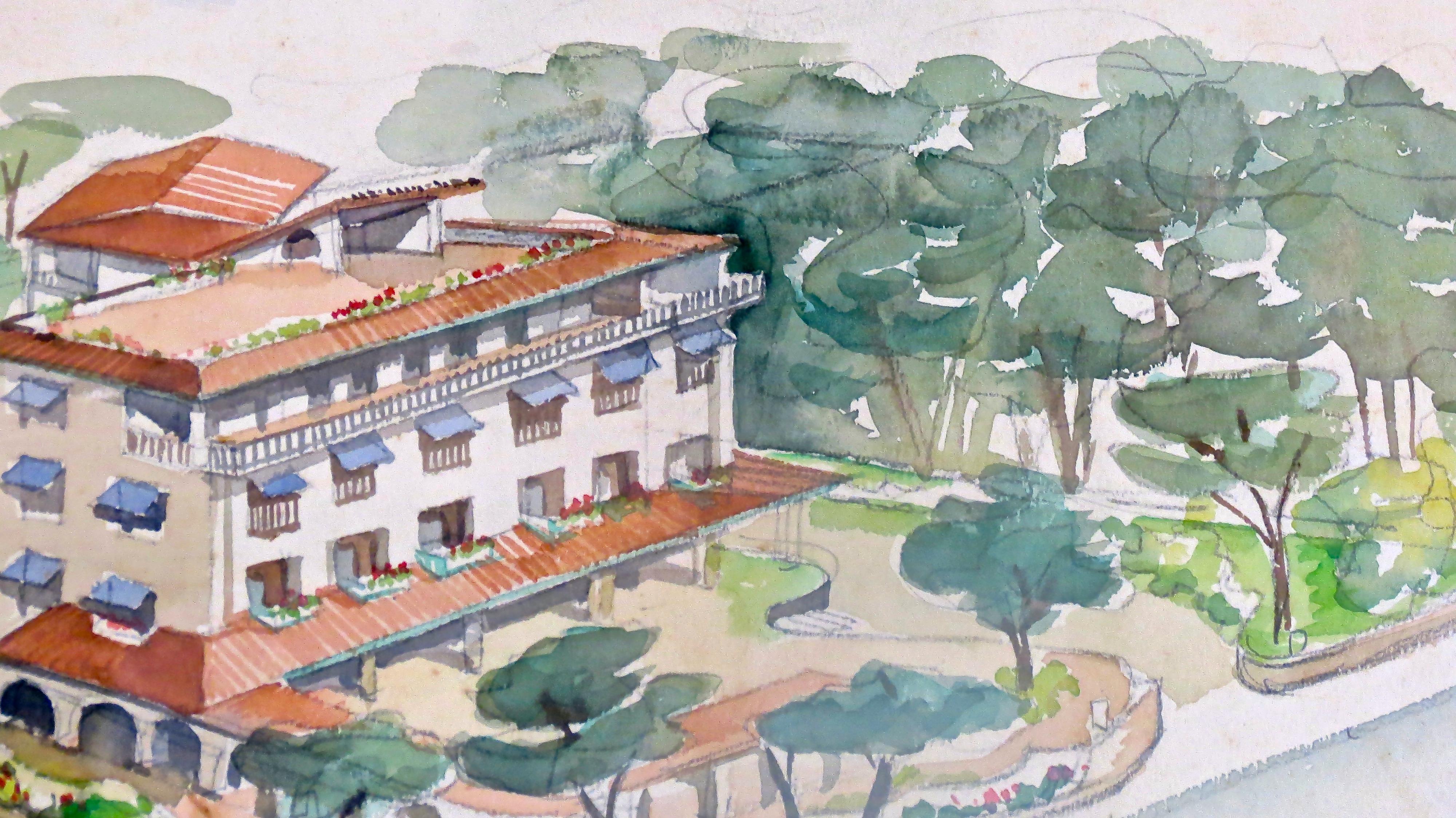 Aquarelle auf Papier „ALBERGO AL FORTE“ Lato Mare von Maurizio Tempestini, 1939 (Italienisch) im Angebot