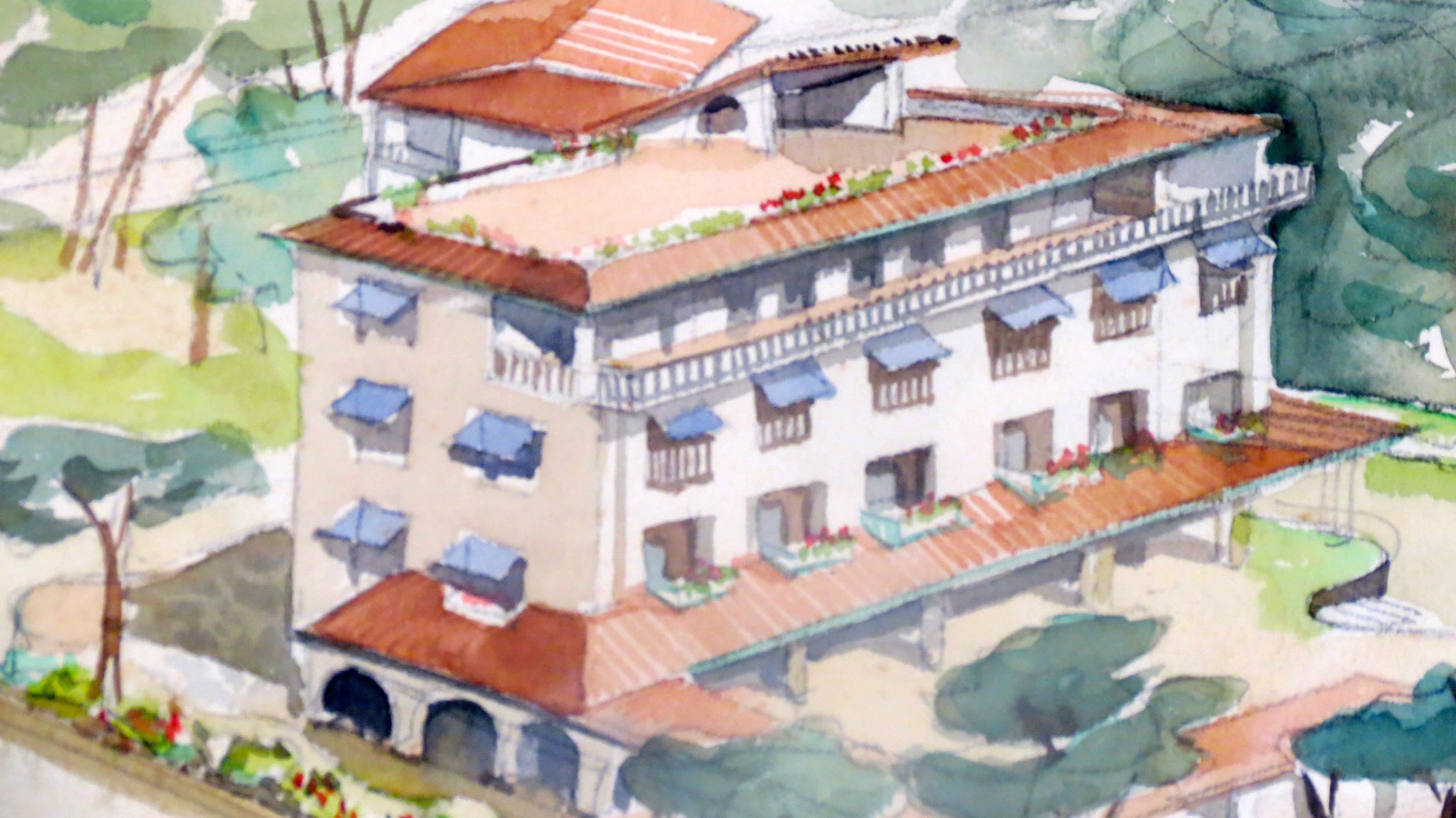 Aquarelle auf Papier „ALBERGO AL FORTE“ Lato Mare von Maurizio Tempestini, 1939 (Mitte des 20. Jahrhunderts) im Angebot