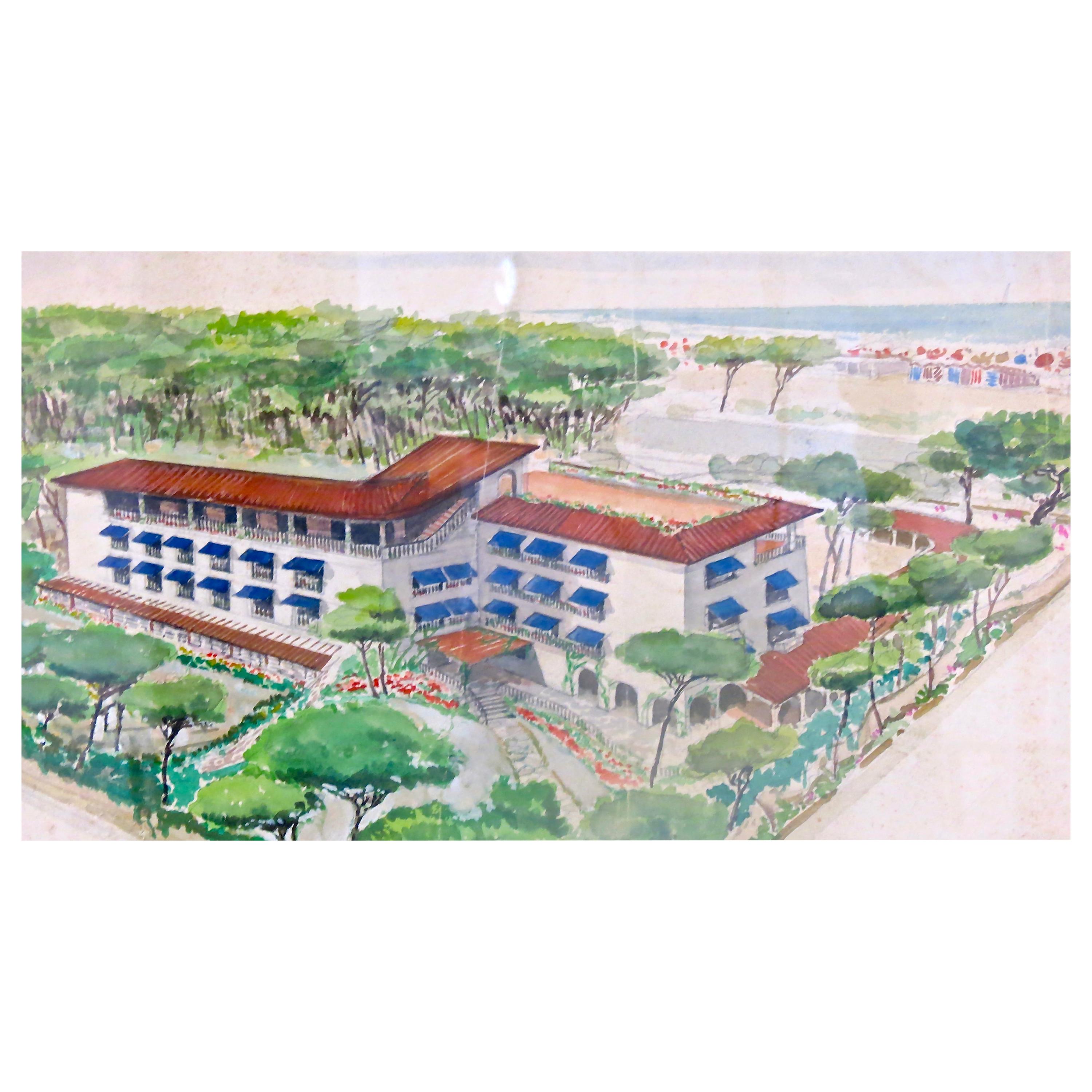 Watercolors on Paper "Albergo Al Forte" Lato Monti by Maurizio Tempestini, 1939 For Sale