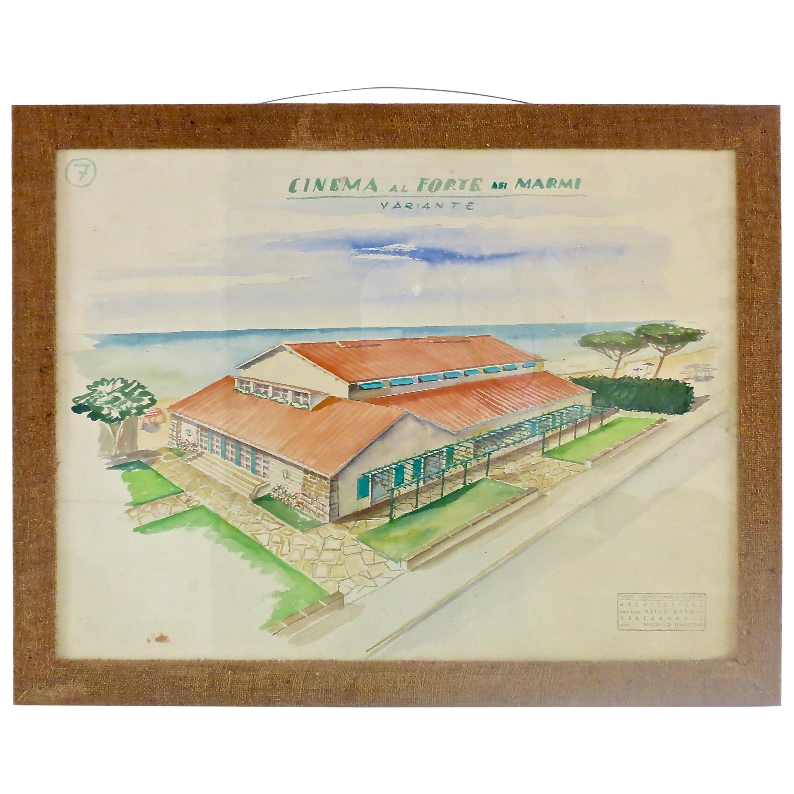Watercolors on Paper "Cinema Al Forte Dei Marmi" Maurizio Tempestini, 1939 For Sale