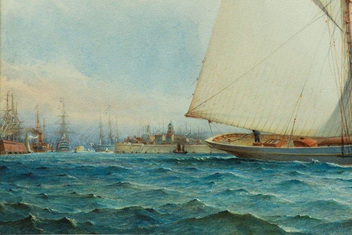 Watercolour of gaff rigged racing cutter 'Xanthe' flying the Royal Thames Yacht Club burgee, off Portsmouth Harbor entrance with Fort Blockhouse, Old Portsmouth Cathedral and the hot walls in the background, signed Barlow Moore, 1891.