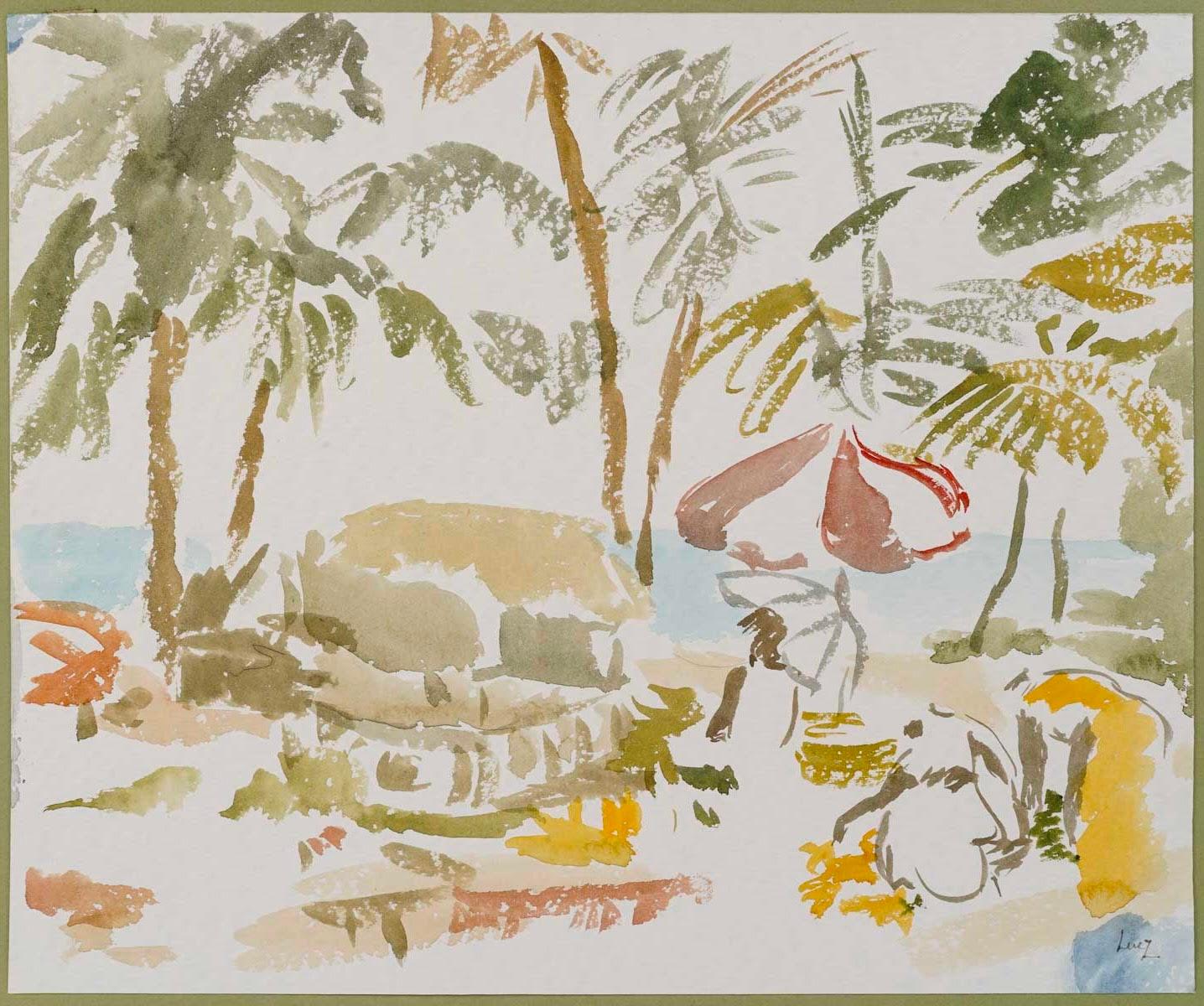 Watercolour by Evelyne Luez, 20th century.

Watercolour by Evelyne Luez depicting a beach and two people under a parasol, 20th century.
H: 36.5cm, W: 44cm, D: 0.2cm