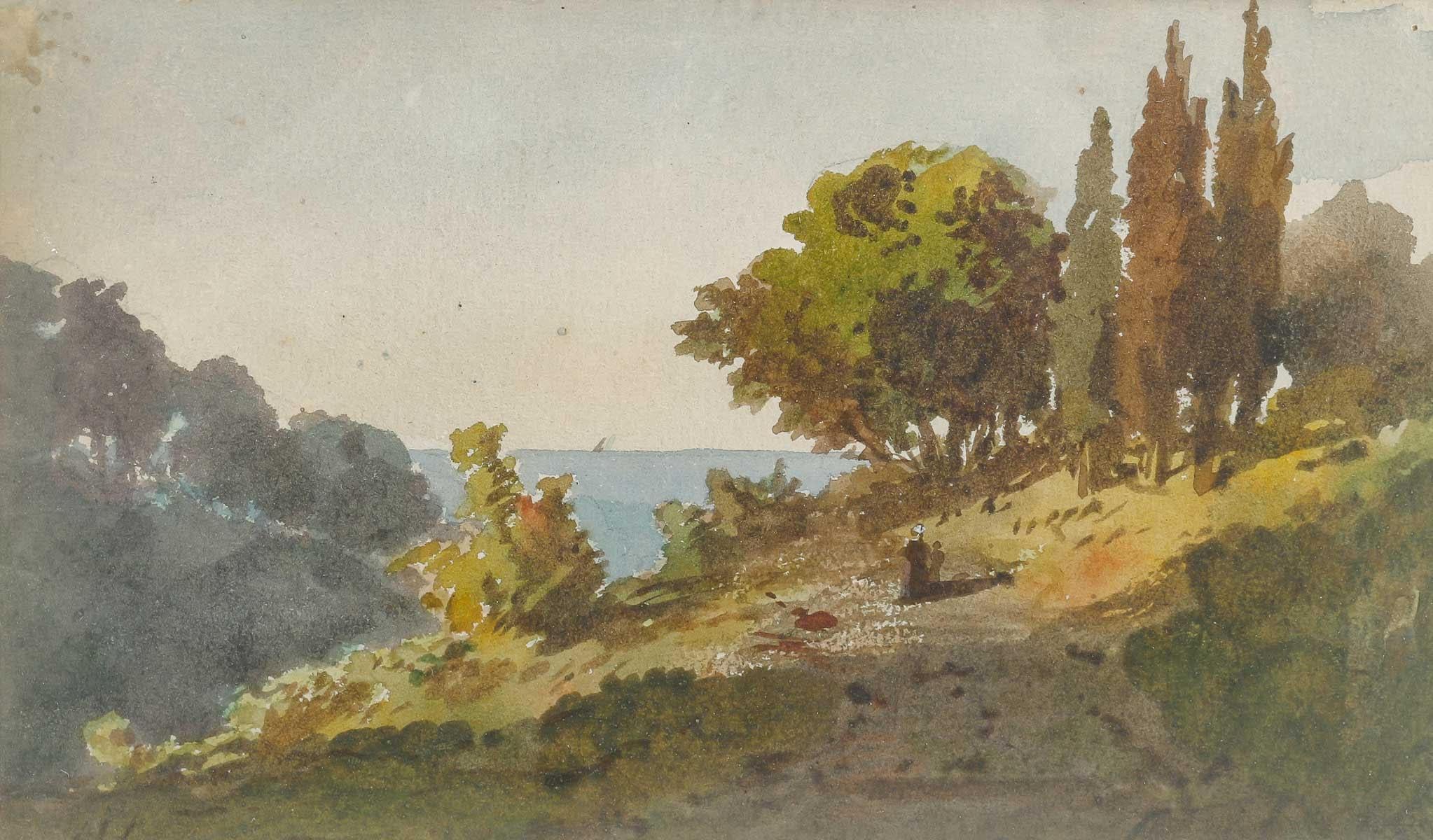 Watercolour by Henri Joseph Harpignies ( 1819-1916).

Nice watercolour drawing by Henri Joseph Harpignies (1819-1916), nicely framed.
Watercolour: H: 14cm , W: 24cm
Frame: h: 28,5cm, w: 38cm, d: 1,5cm