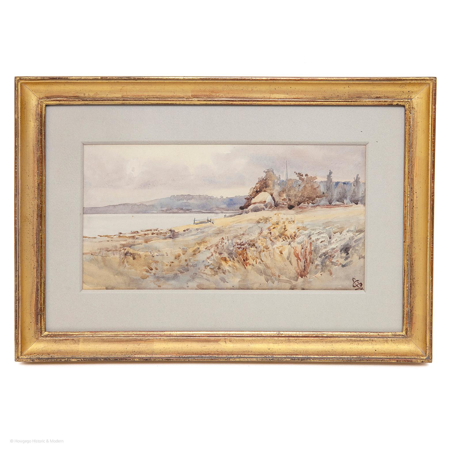 19th Century coastal landscape water colour, monogram lower right.

Delightful picture capturing the softness light and colours of the English coast on an overcast day 
Wide composition leading the eye, through the foreshore and grasses to a