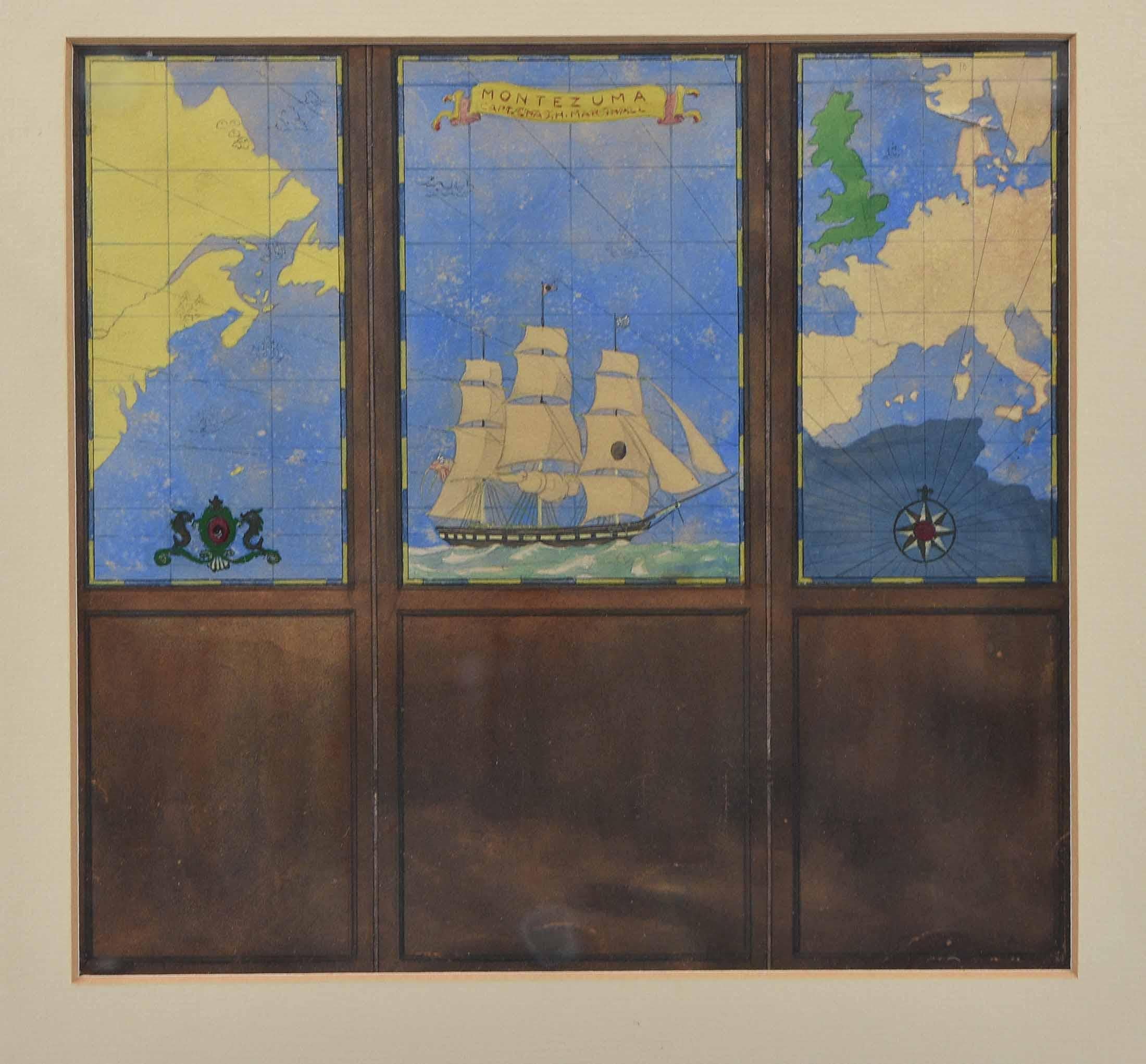Dessin à l'aquarelle d'un écran à trois volets, représentant une carte nautique de l'Atlantique montrant l'Amérique et l'Europe, et centré sur un trois-mâts 