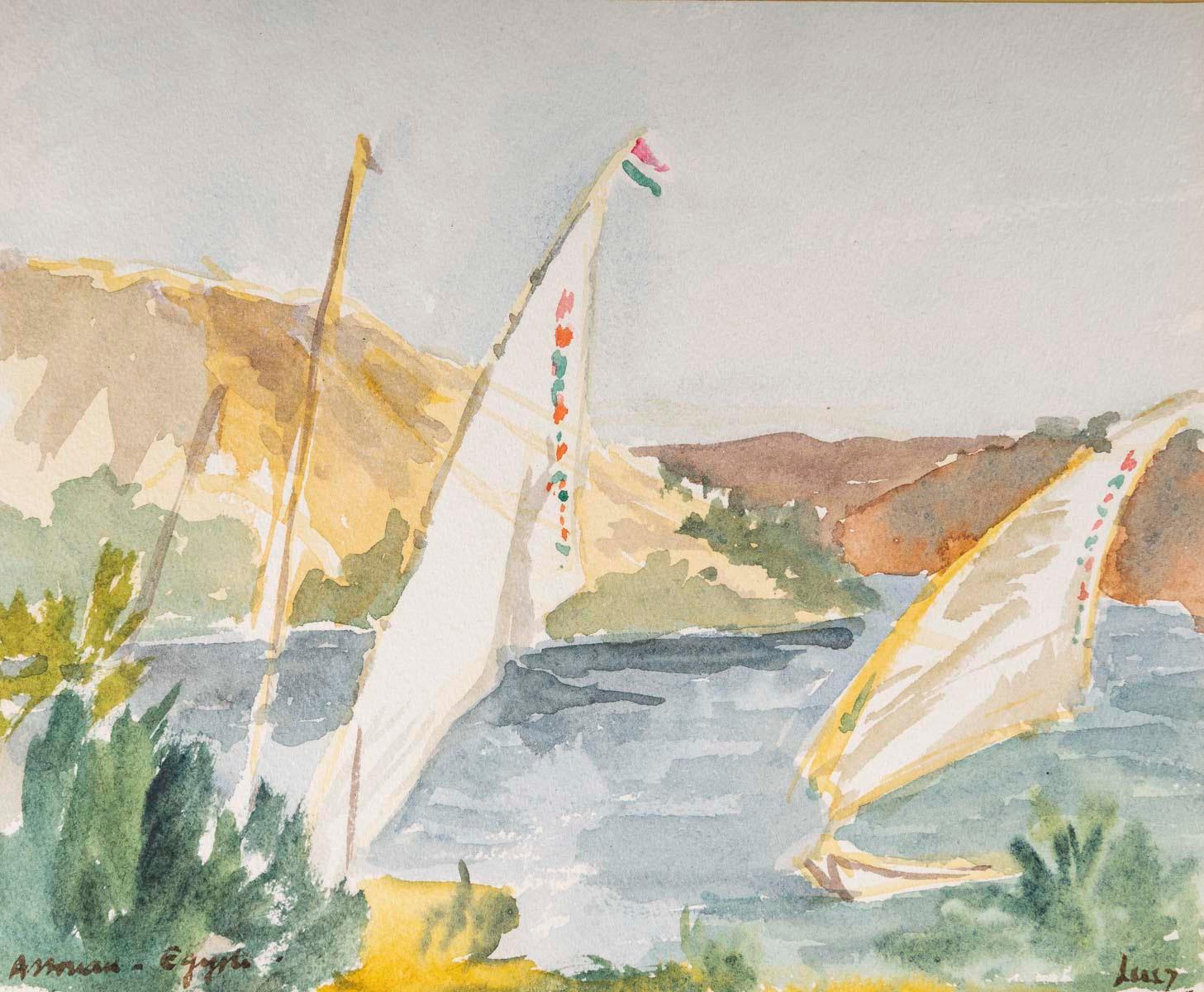 Dessin à l'aquarelle sur papier d'Evelyne Luez représentant un paysage d'Égypte avec des voiliers, 1960-80.

Dessin à l'aquarelle du 20e siècle représentant un paysage d'Égypte avec des voiliers par Evelyne Luez.
H : 18.5cm, L : 22.5cm, D : 0.2cm