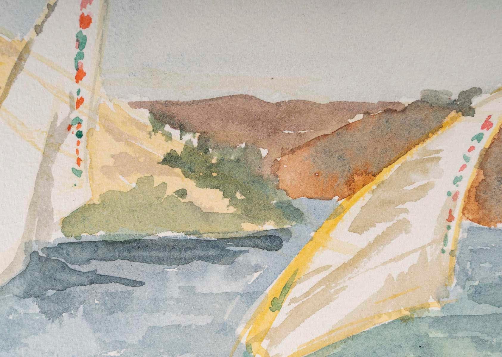 Français Dessin à l'aquarelle sur papier d'Evelyne Luez, 1960-80. en vente