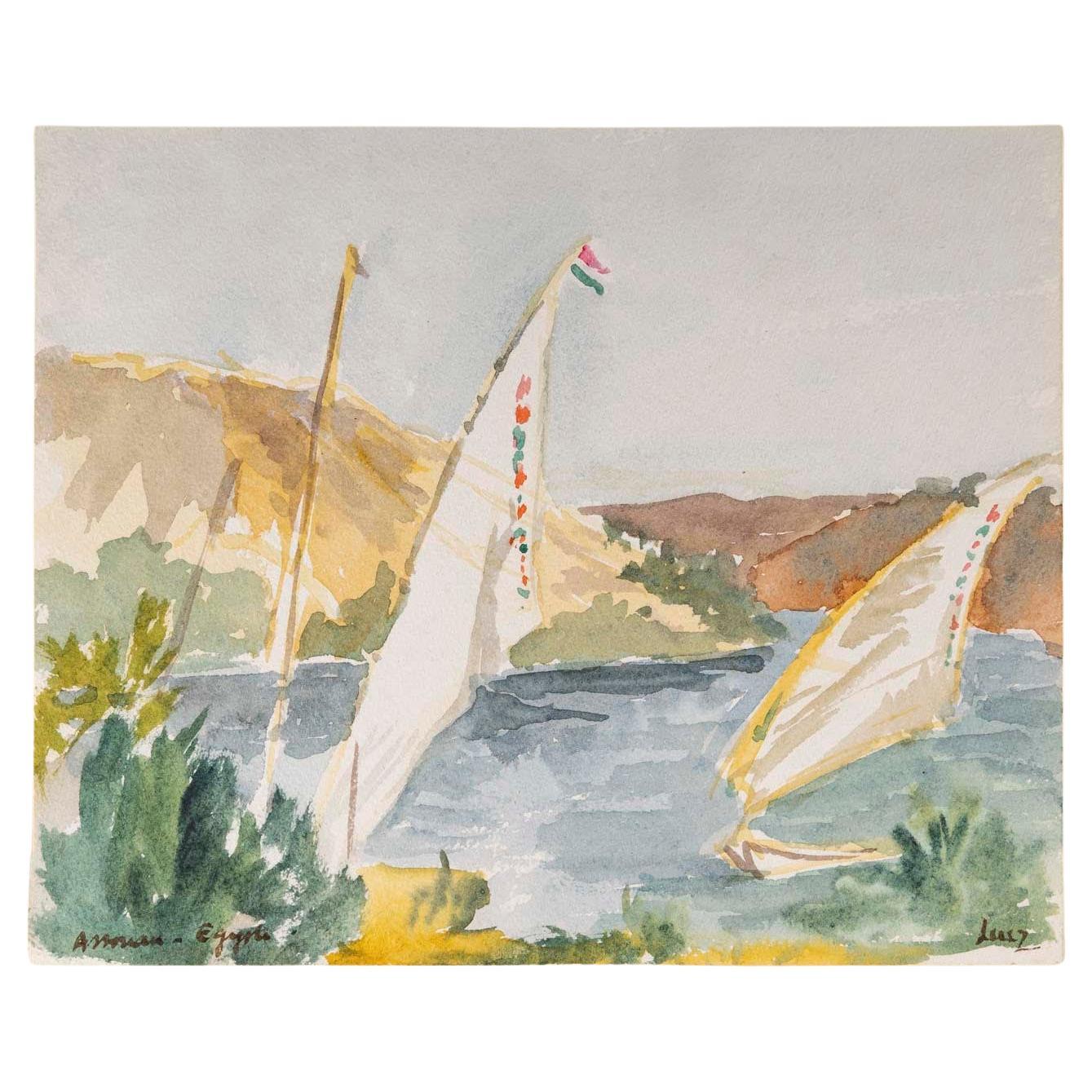 Dibujo en acuarela sobre papel de Evelyne Luez, 1960-80.
