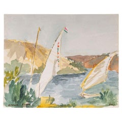 Dessin à l'aquarelle sur papier d'Evelyne Luez, 1960-80.