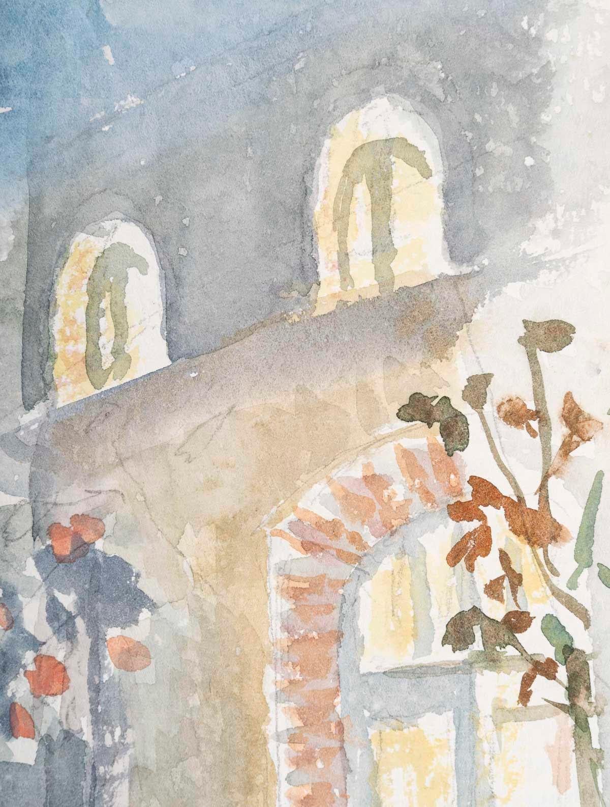 Watercolour drawing on paper by Evelyne Luez showing a house and its terrace, 1980.

20th century watercolour drawing of a house and its terrace by Evelyne Luez.
H: 32cm, W: 24cm, D: 0.2cm