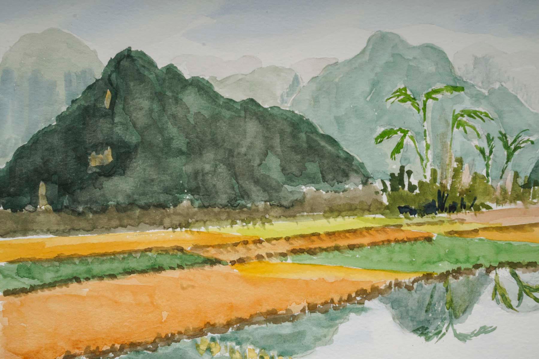 Aquarell einer Reisplantage in einer asiatischen Landschaft, 20. Jahrhundert.

Aquarell einer asiatischen Landschaft aus dem 20. Jahrhundert von Evelyne Luez.
H: 21cm, B: 29,5cm, T: 0,2cm

