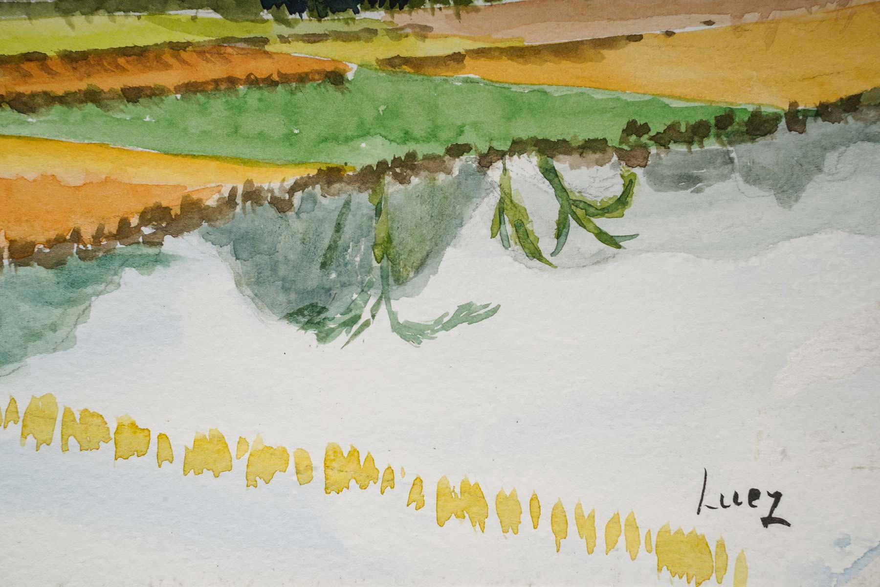Aquarell einer Reisplantage in einer asiatischen Landschaft, 20. Jahrhundert. (Asiatisch) im Angebot