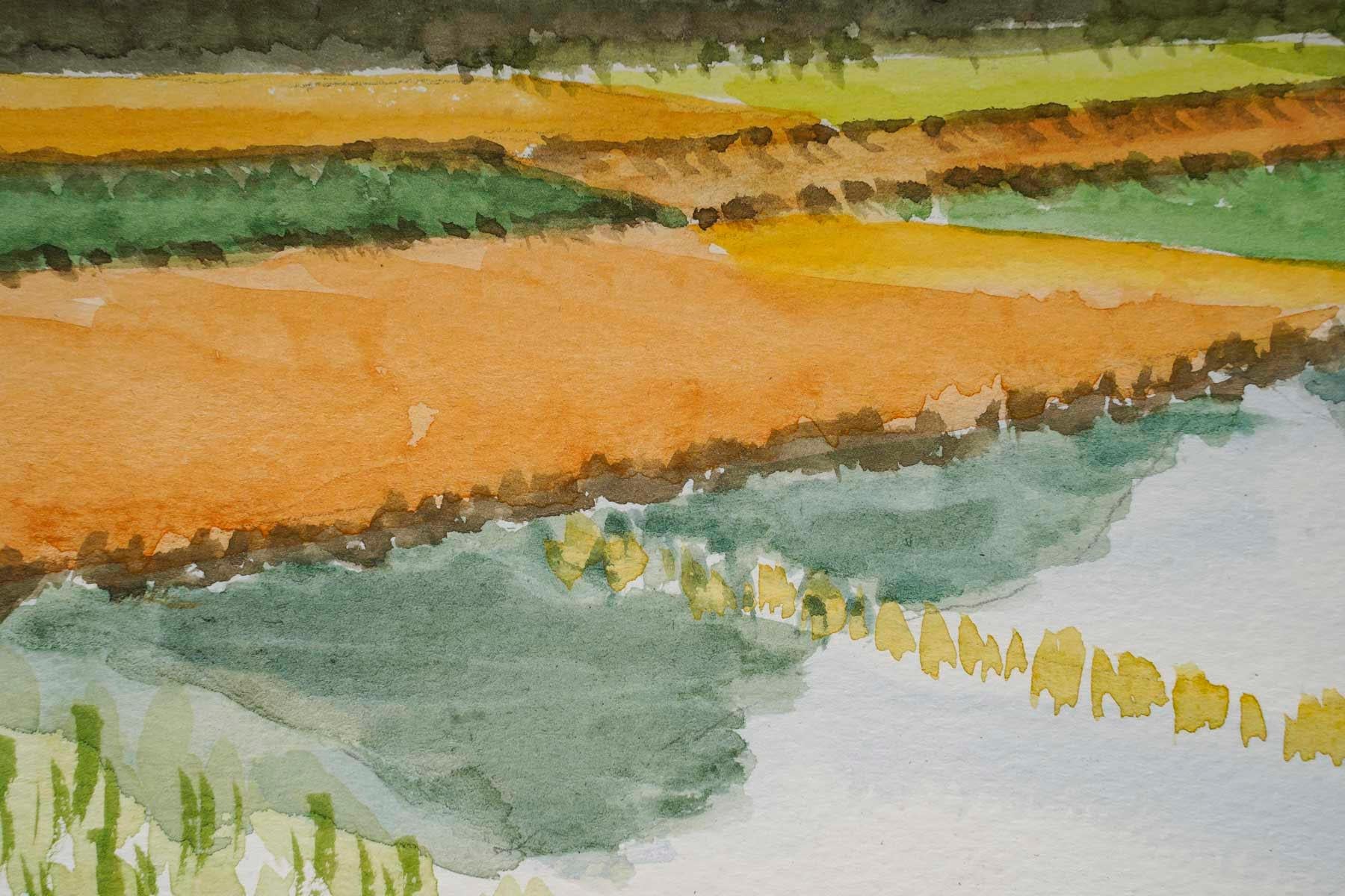 Aquarell einer Reisplantage in einer asiatischen Landschaft, 20. Jahrhundert. im Zustand „Gut“ im Angebot in Saint-Ouen, FR