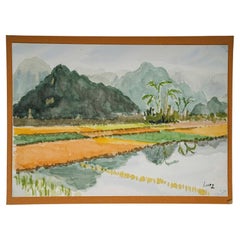 Acquerello di una piantagione di riso in un paesaggio asiatico, XX secolo.