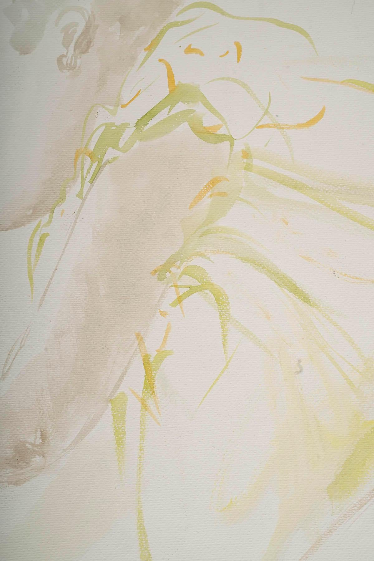 Aquarell eines schlafenden Babys in einem Kleid von Evelyne Luez, 20. Jahrhundert. (Moderne der Mitte des Jahrhunderts) im Angebot