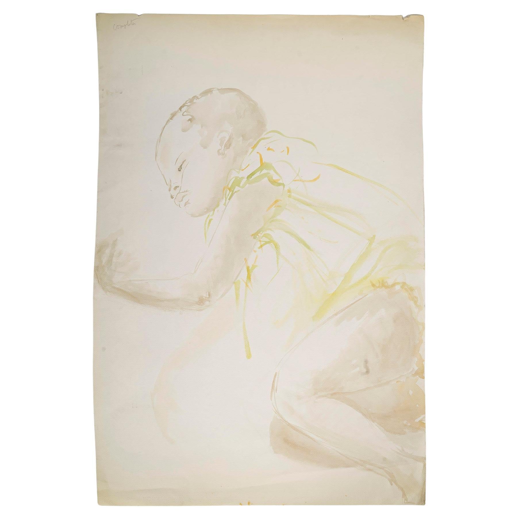 Acuarela de un bebé dormido con vestido de Evelyne Luez, siglo XX.