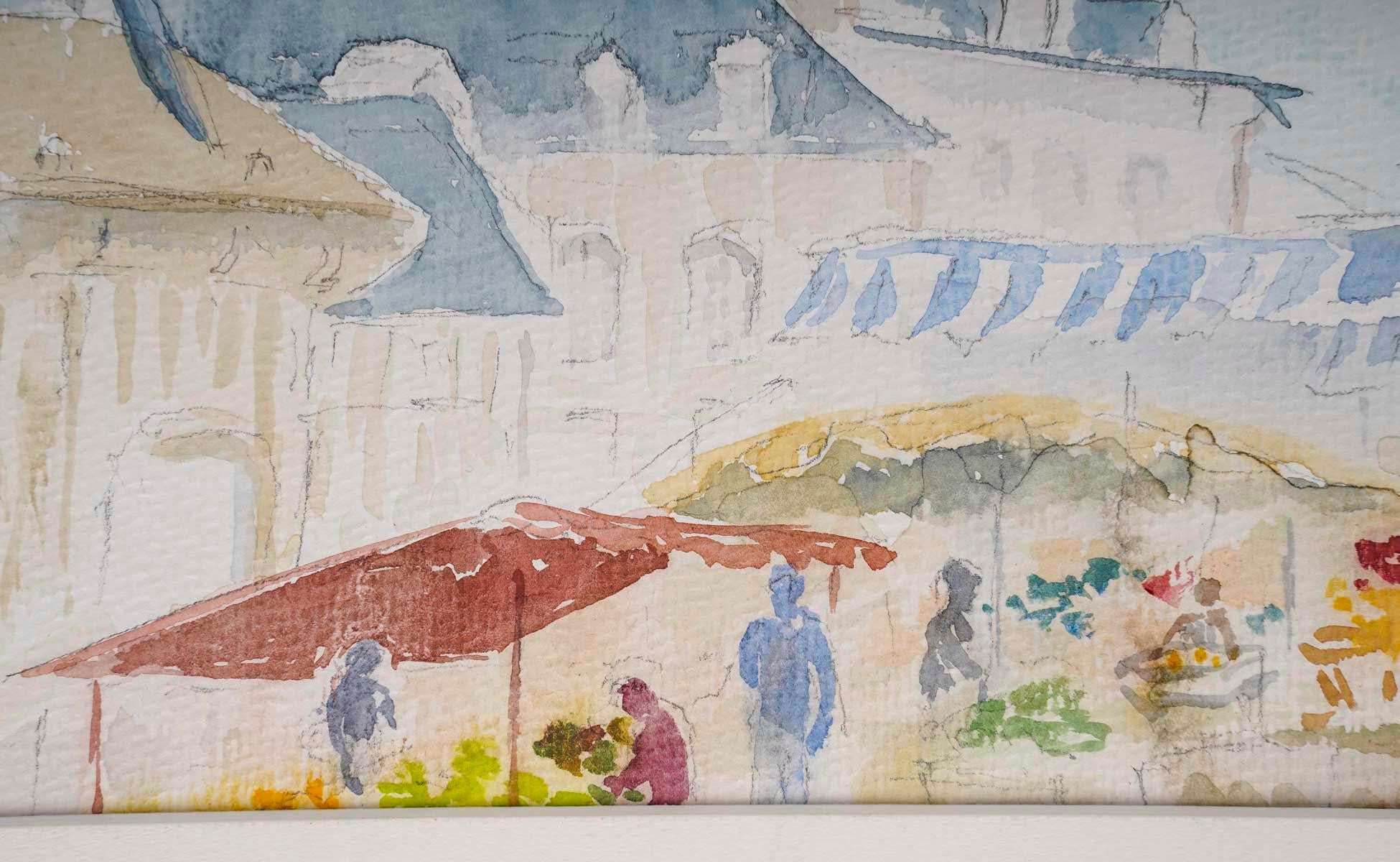 Watercolour of a village church and market, 20th century.

Watercolour of a village view with market and church from the 20th century by Evelyne Luez.
H: 21cm, W: 29.5cm, D: 0.2cm
