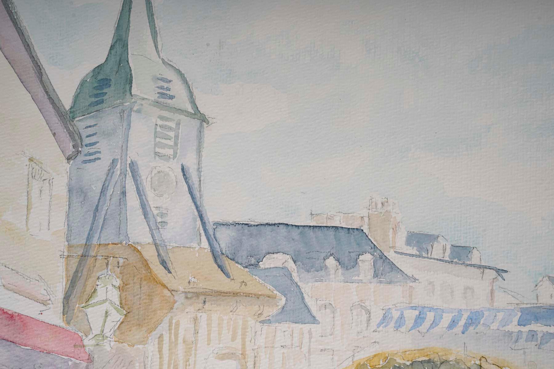 Mid-Century Modern Watercolour of a Village Church and Market, 20th Century. For Sale