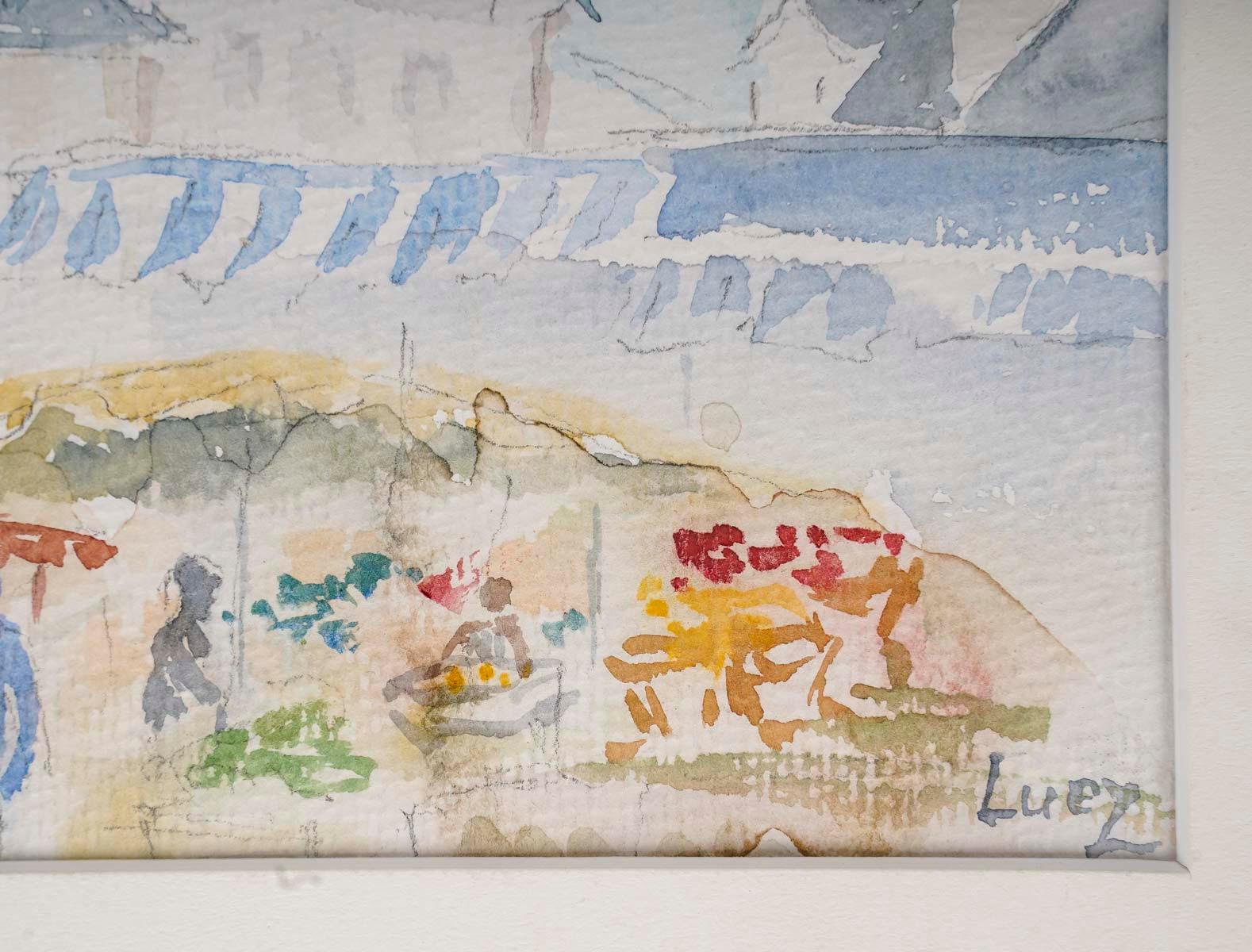European Watercolour of a Village Church and Market, 20th Century. For Sale