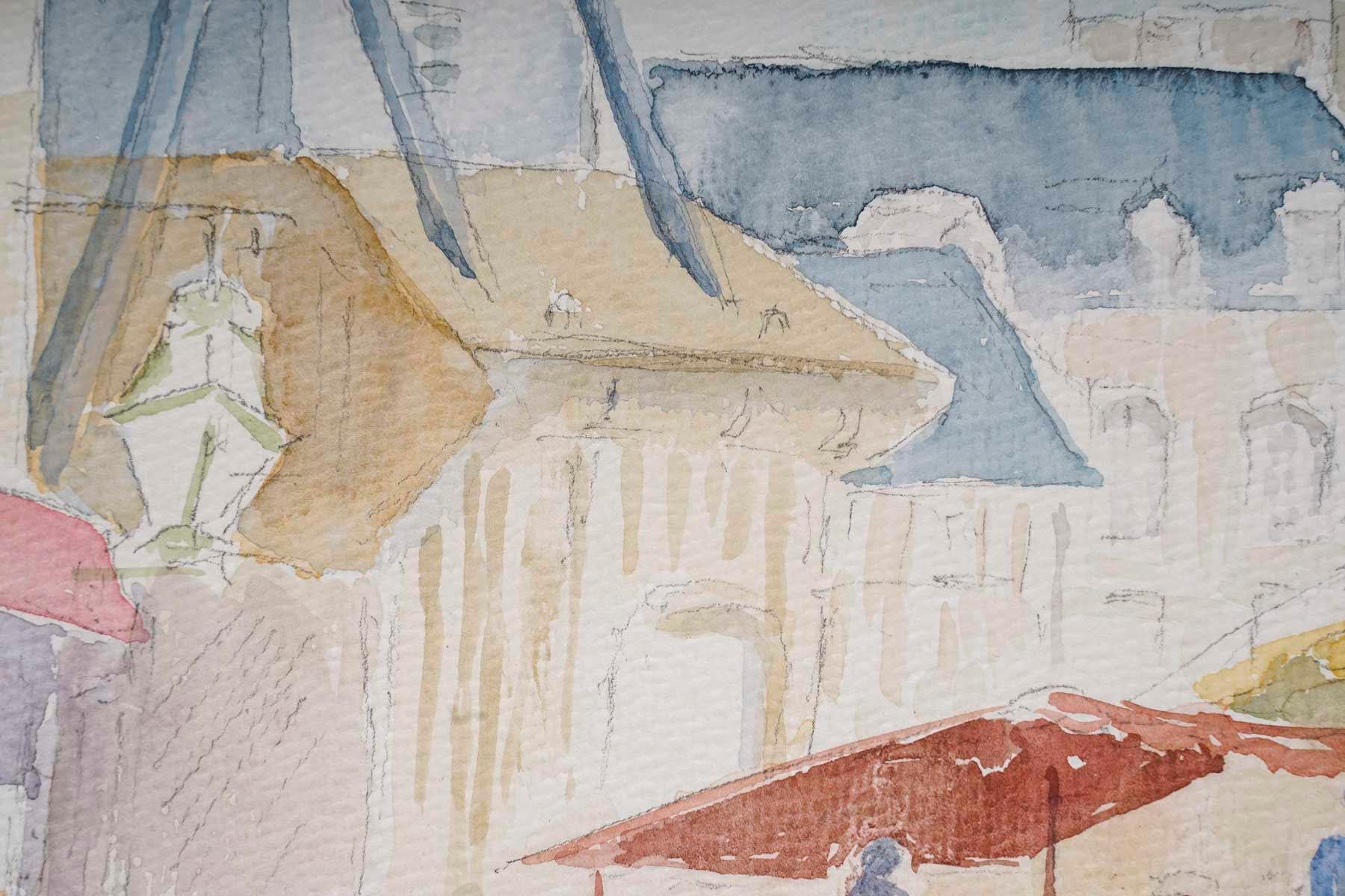Watercolour of a Village Church and Market, 20th Century. In Good Condition For Sale In Saint-Ouen, FR