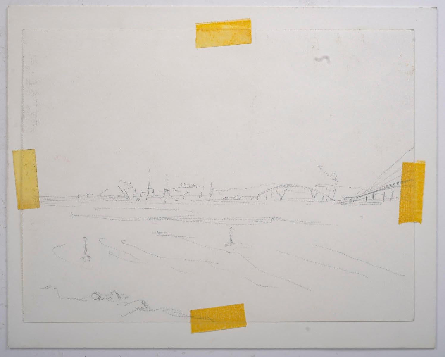 Paper Watercolour of a Village Church and Market, 20th Century. For Sale