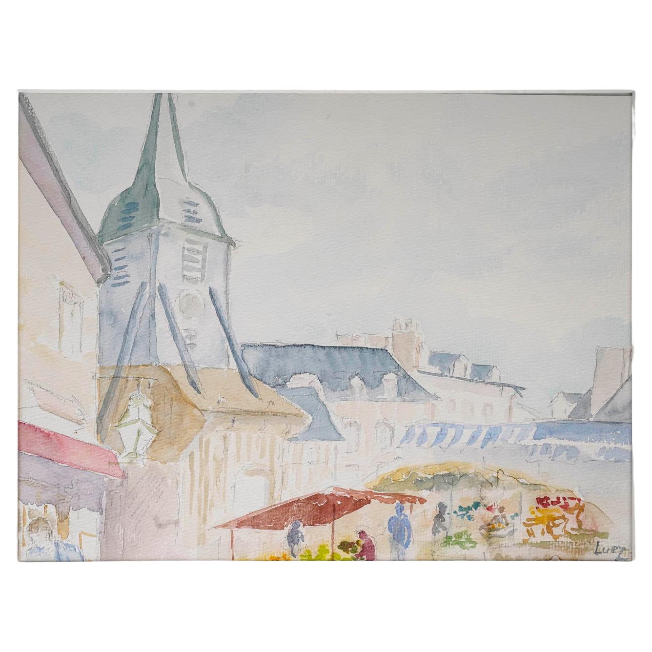 Watercolour of a Village Church and Market, 20th Century. For Sale