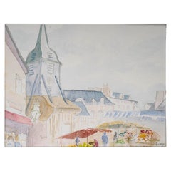 Aquarelle d'une église et d'un marché de village, 20e siècle.