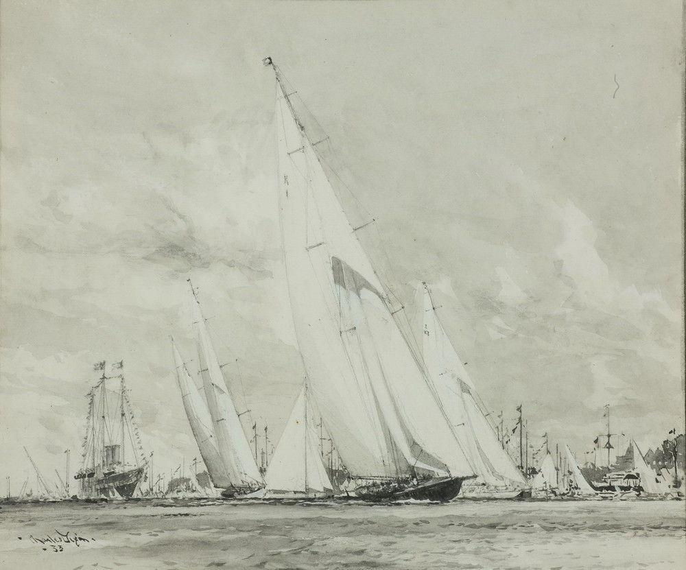 Historically significant en grisaille watercolour on paper, prepared for King George V, signed lower left ‘ Charles Dixon ’33’.

This work on paper was mounted on board by the artist and captioned lower right , Britannia 1893. The painting has