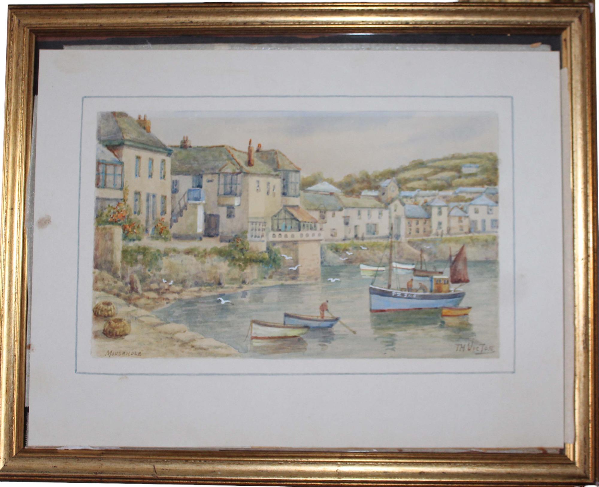 Watercolour of Mousehole, Cornwall, England by T H Victor For Sale 4