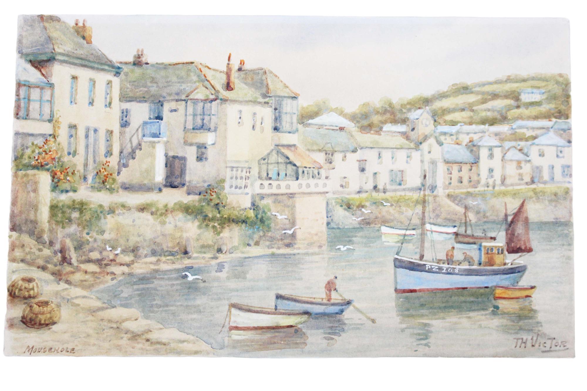 Mid-20th Century Watercolour of Mousehole, Cornwall, England by T H Victor For Sale