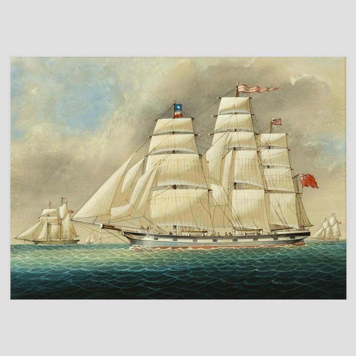 A fine 19th century watercolor of the three masted sailing ships The SS City of Manchester.
Taken from Wikipedia, The SS City of Manchester was an iron-hulled single screw liner built 1851 by Tod & McGregor, Glasgow, Scotland and the second such