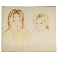 Watercolour on Canvas, Preparatory Work for a Portrait of Two Young Girls, 20th