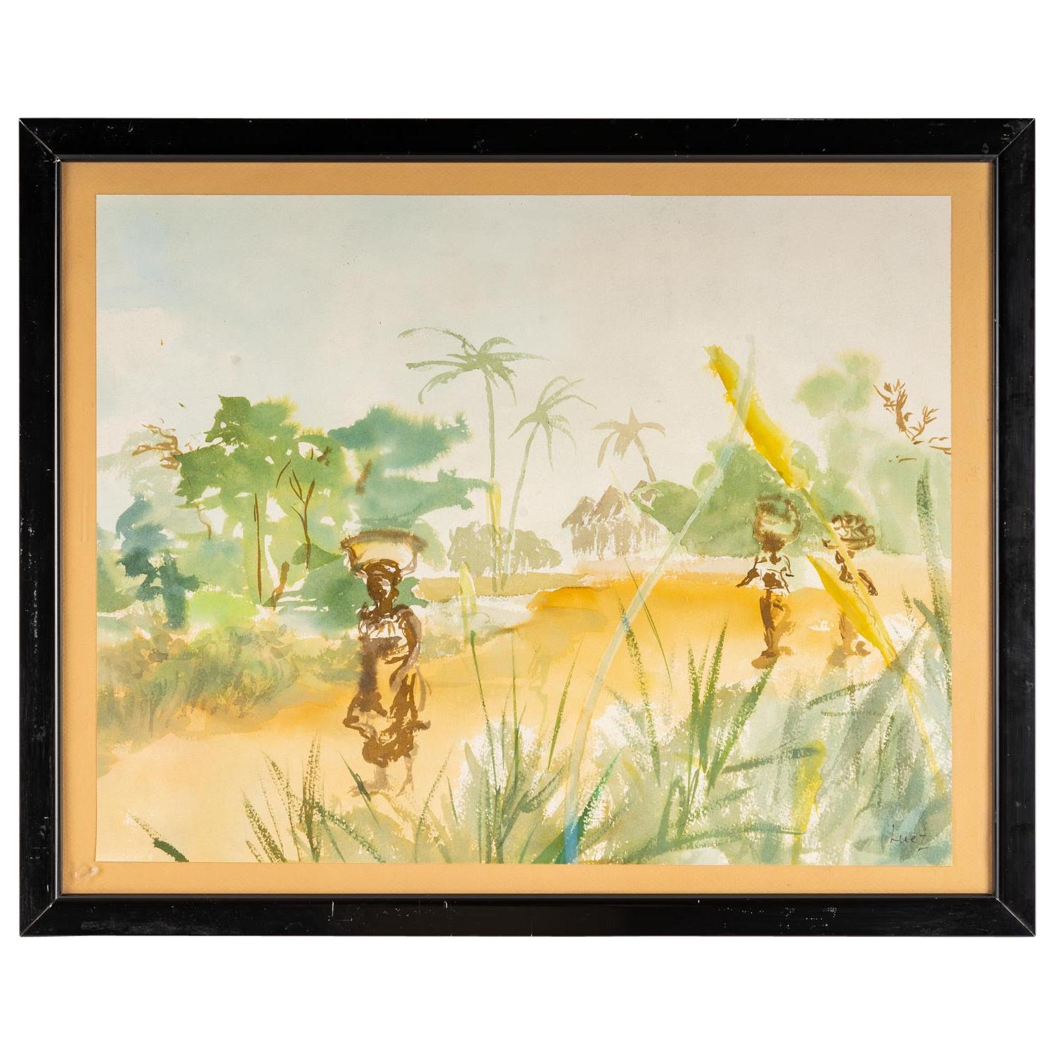 Watercolour on Luez paper, African landscape, framed under glass, 20th century.
Measures: H: 41.5 cm, W: 51.5 cm, D: 3 cm.