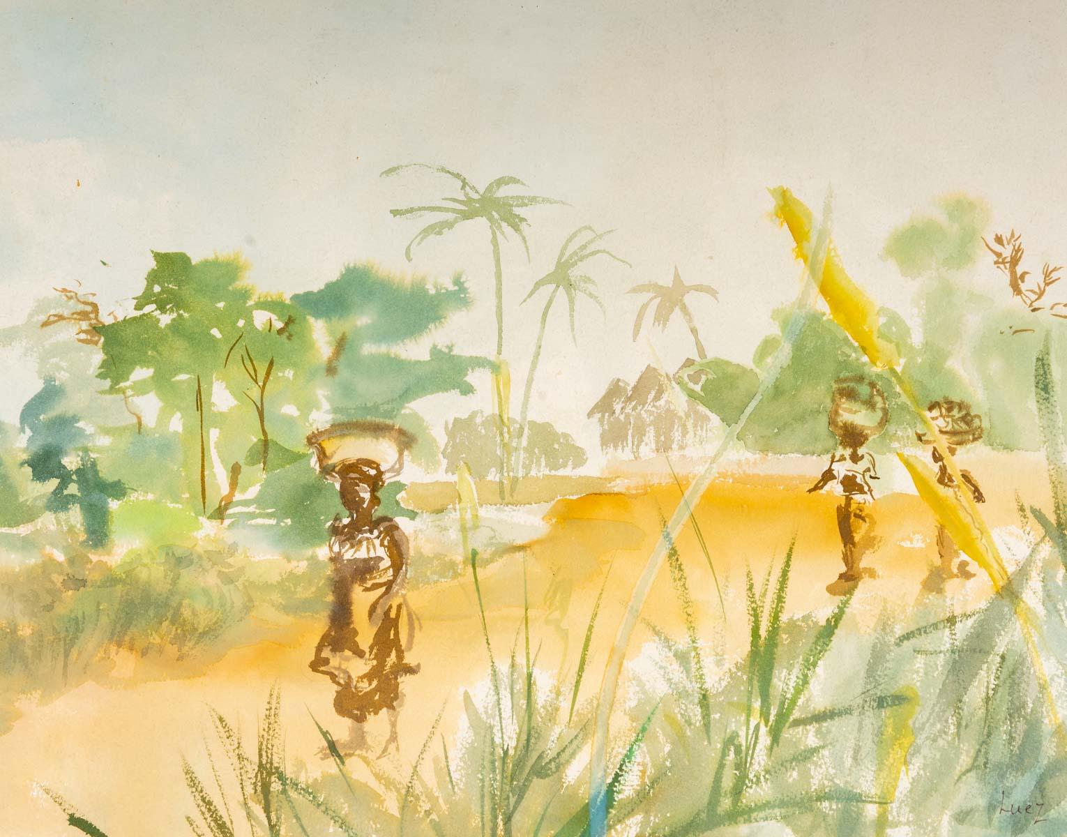 Français Aquarelle sur papier de Luez, paysage africain en vente