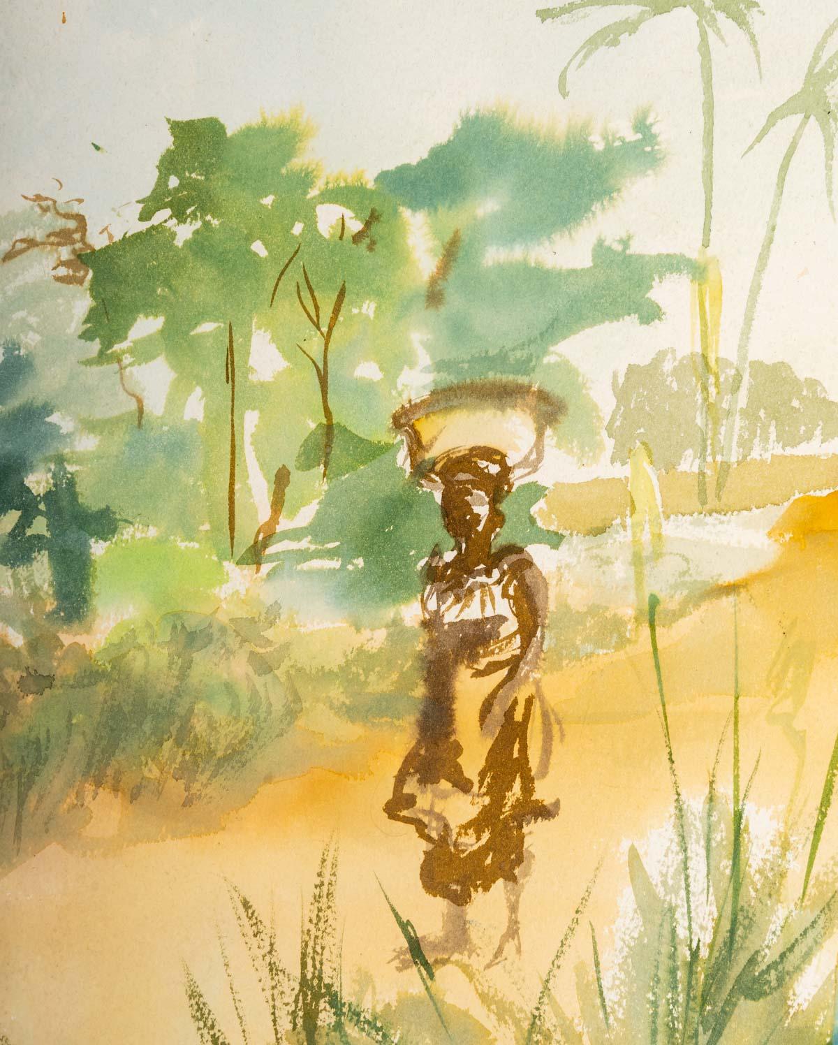 20th Century Watercolour on Luez paper, African Landscape For Sale