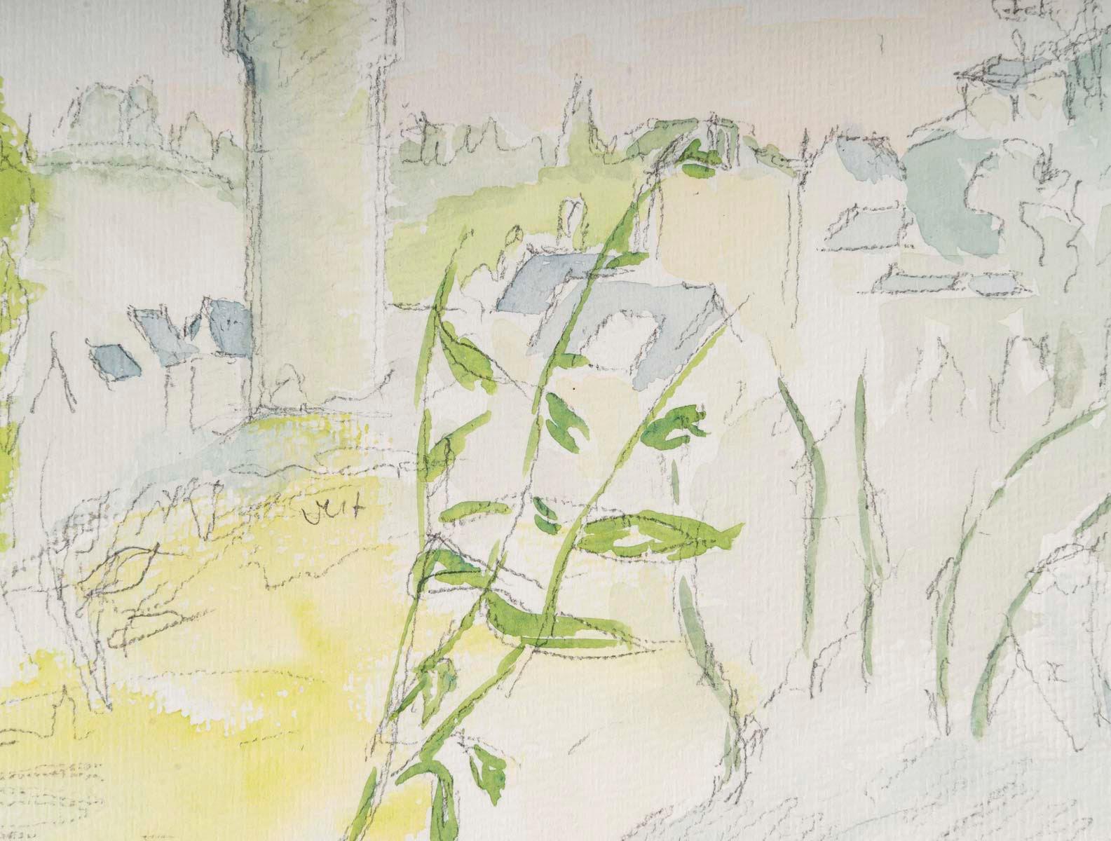 Aquarelle sur papier d'Evelyne Luez représentant un paysage de village avec sa tourelle, 1960-1970.

Aquarelle sur papier d'Evelyne Luez représentant un paysage de village avec sa tourelle, 1960-1970.
H : 24cm, L : 32cm, D : 0.2cm