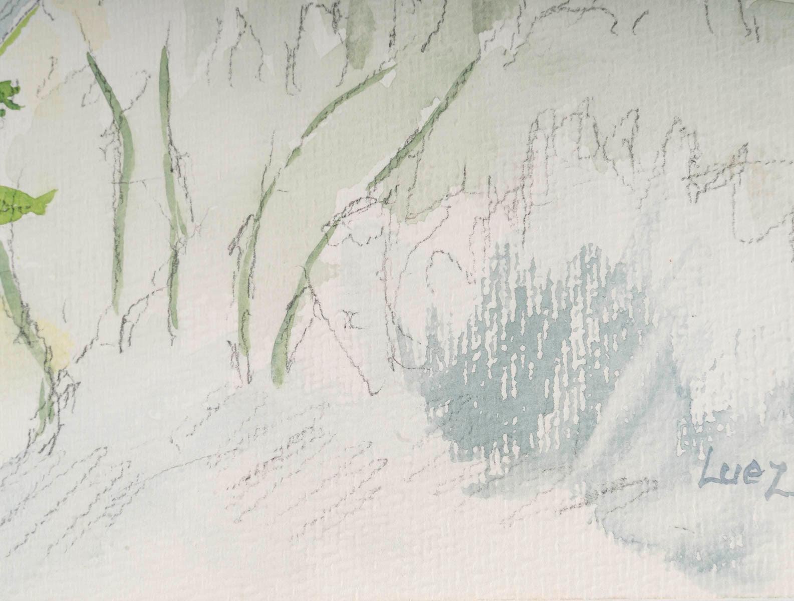 Aquarelle sur papier d'Evelyne Luez, 1960-1970. Bon état - En vente à Saint-Ouen, FR