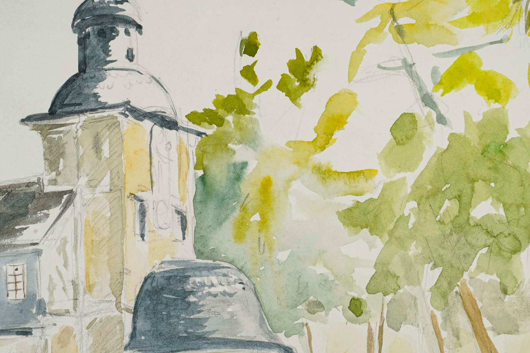 Mid-Century Modern Aquarelle sur papier d'Evelyne Luez, 20e siècle. en vente