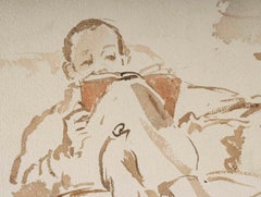 Aquarelle sur papier d'Evelyne Luez représentant un homme dans son fauteuil, 1950-1960.