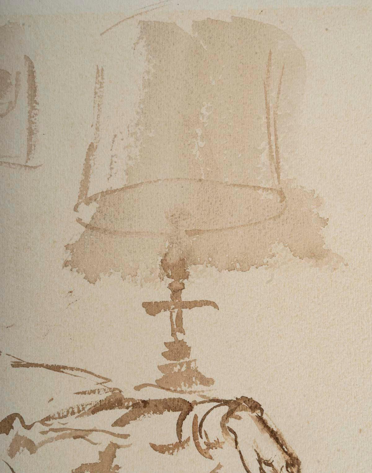 Acuarela sobre papel de Evelyne Luez de un hombre en su sillón, 1950-1960. Francés en venta