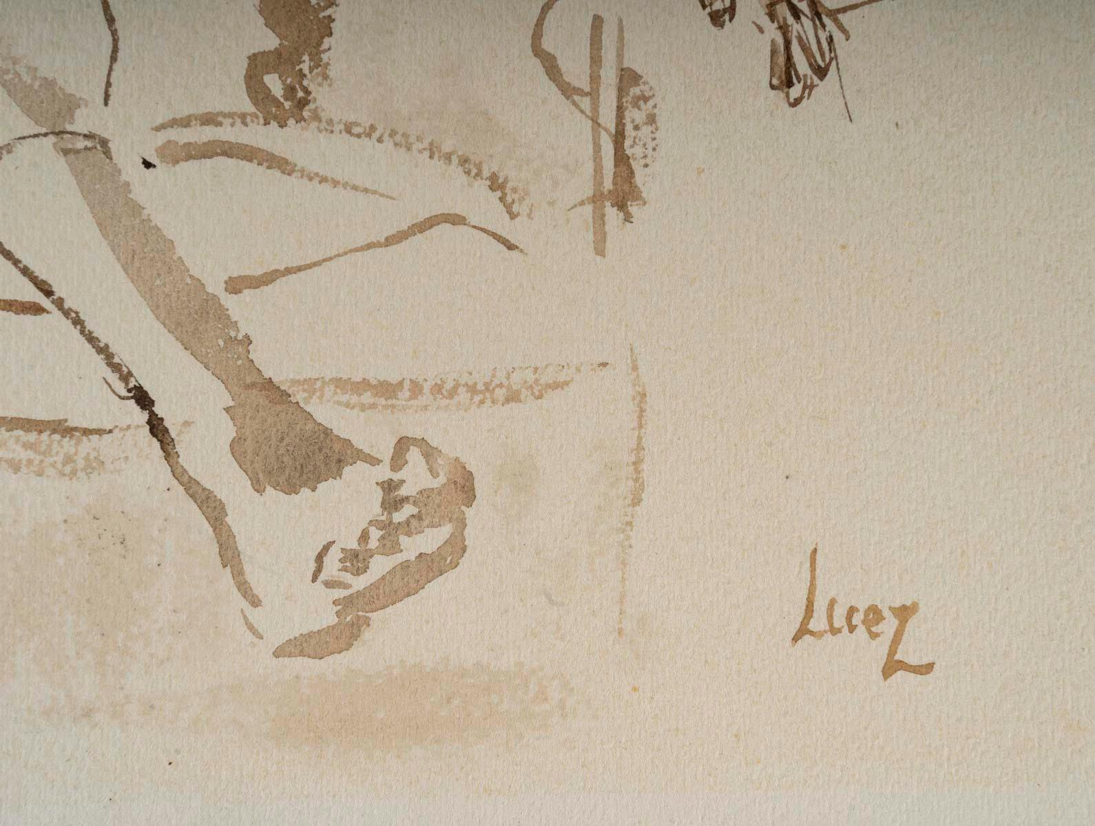 Acuarela sobre papel de Evelyne Luez de un hombre en su sillón, 1950-1960. en Bueno estado para la venta en Saint-Ouen, FR
