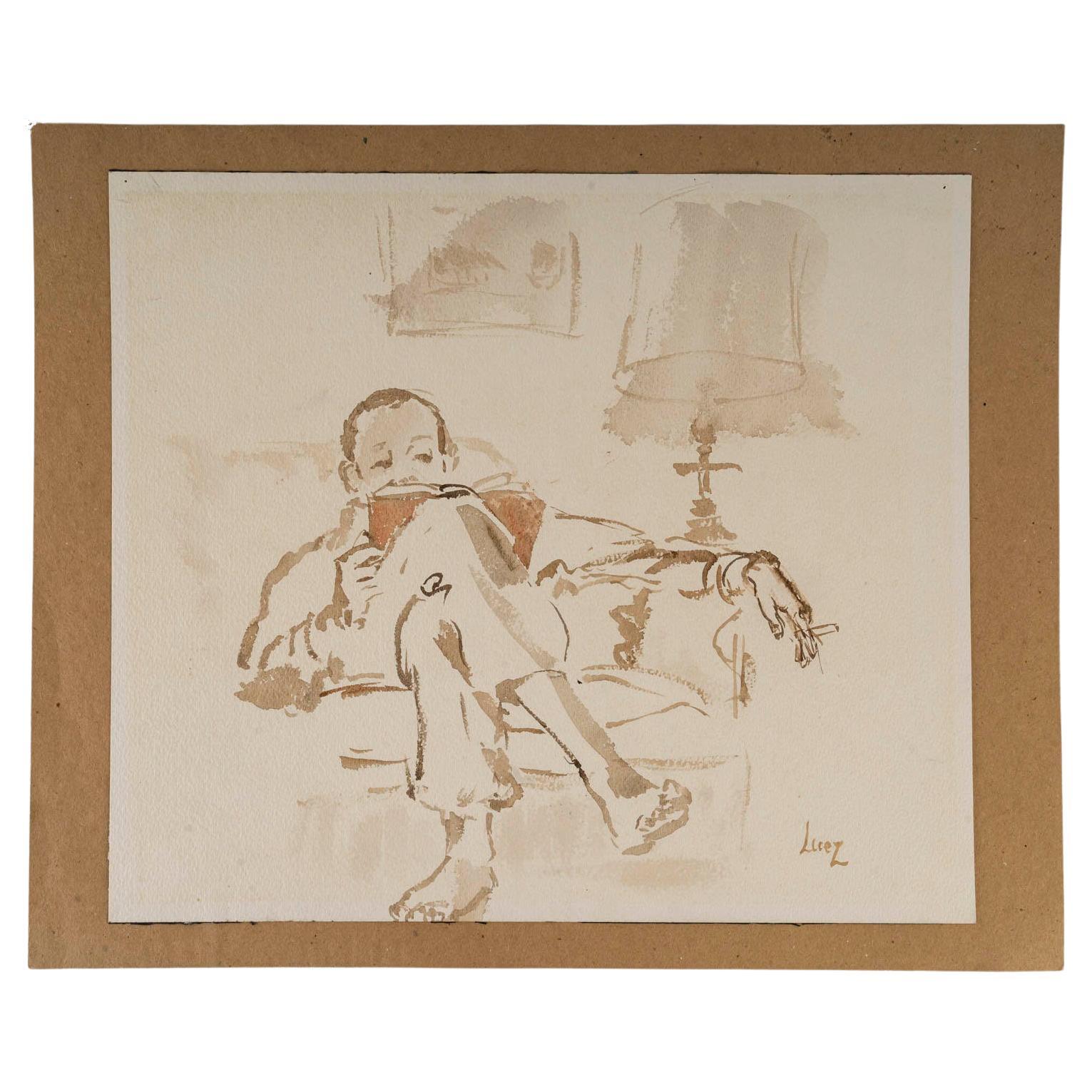 Watercolour on Paper by Evelyne Luez of a Man in his Armchair, 1950-1960.