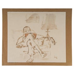 Vintage Watercolour on Paper by Evelyne Luez of a Man in his Armchair, 1950-1960.