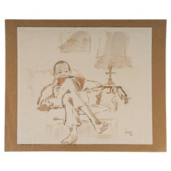 Acquerello su carta di Evelyne Luez raffigurante un uomo in poltrona, 1950-1960.