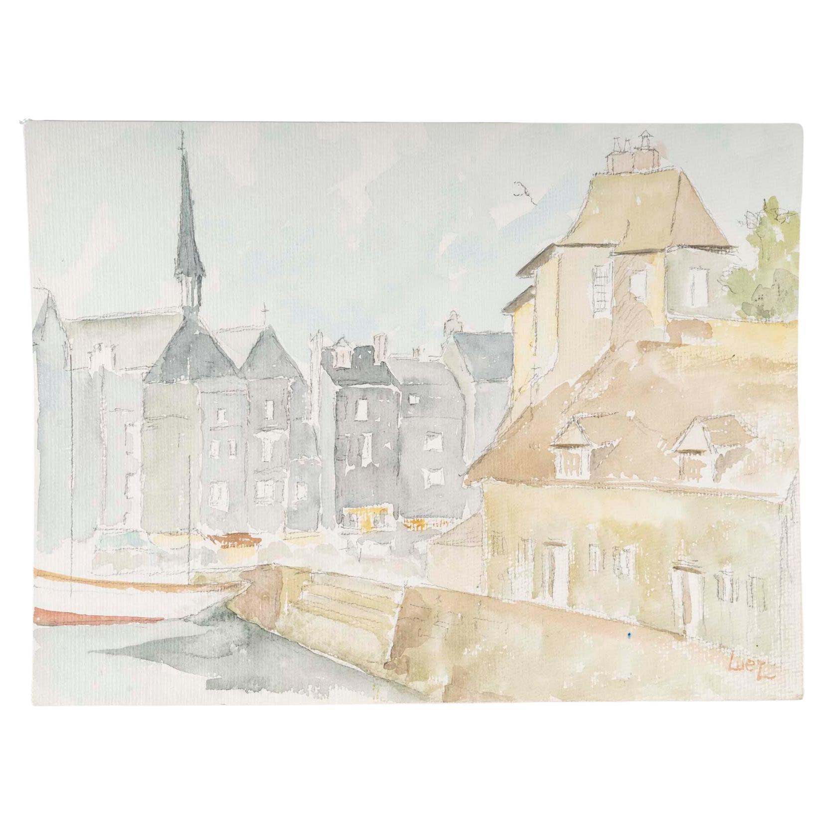 Aquarell auf Papier mit der Darstellung einer Stadt und ihres Kanals, 1980.
