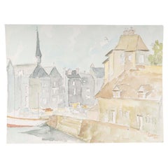 Aquarelle sur papier représentant une ville et son canal, 1980.