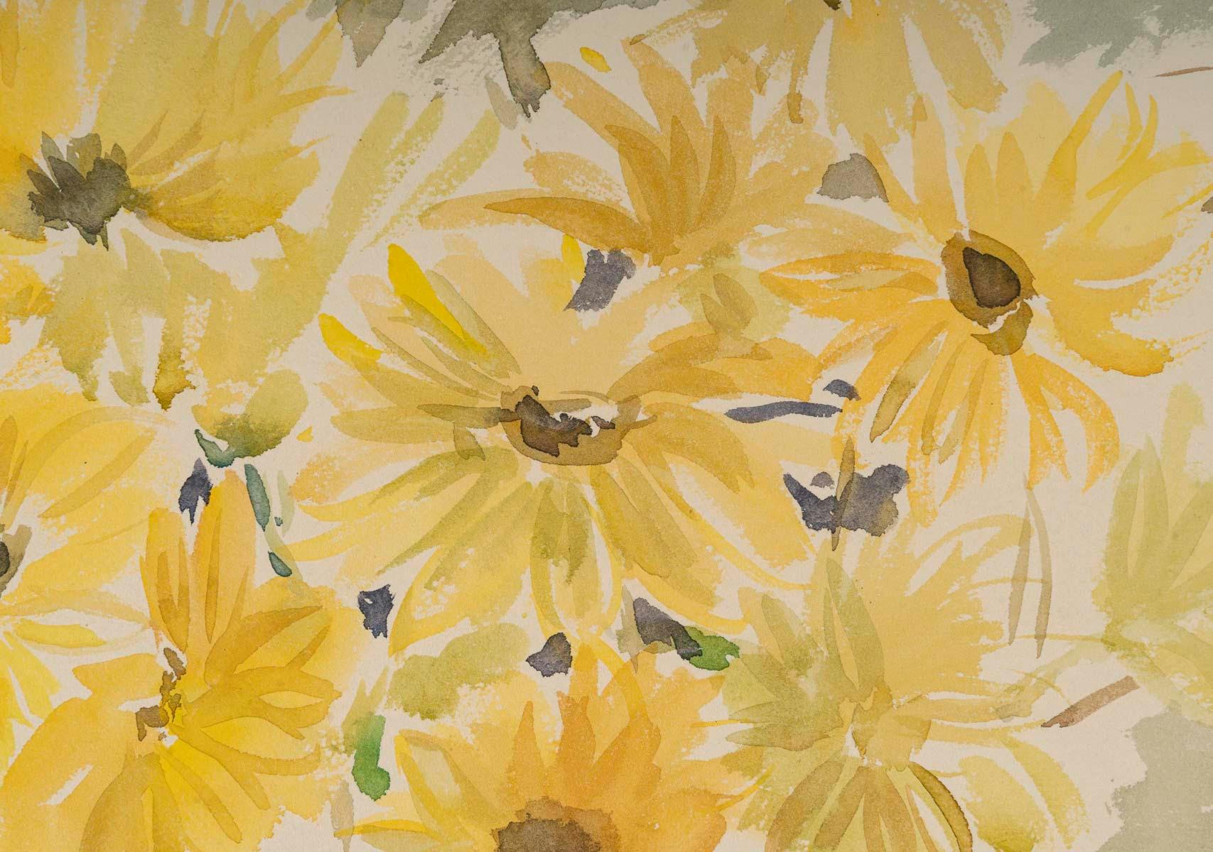 Aquarell auf Papier mit einem Blumenstrauß, 1950-1960.

Aquarell auf Papier mit der Darstellung eines Straußes gelber Blumen, 1950-1960.
H: 35cm, B: 50cm, T: 0,2cm