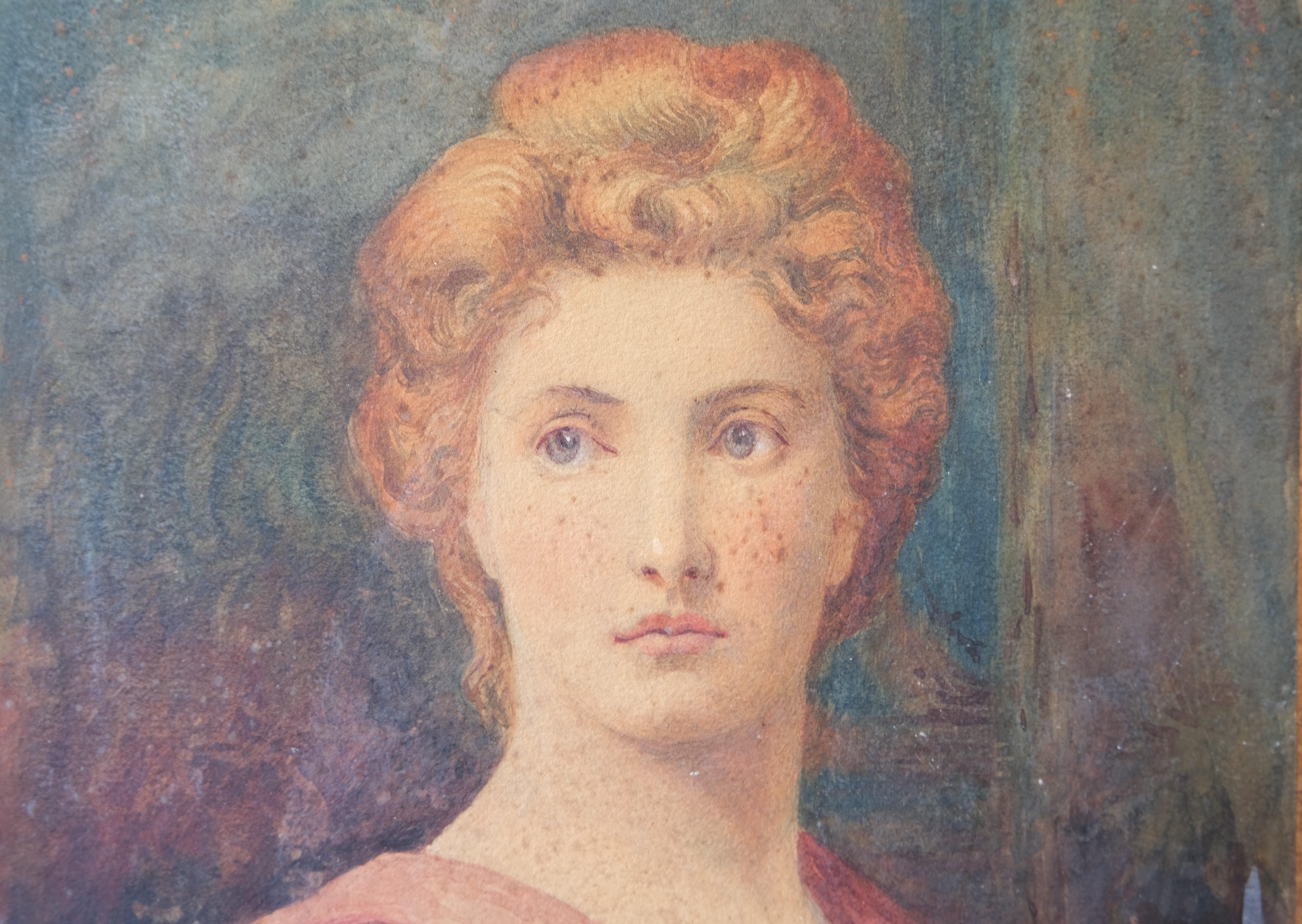 Offered for sale by Hutton-Clarke Antiques is this exquisite 19th-century watercolor portrait that subtly echoes the sensibilities of the Pre-Raphaelite movement, known for its attention to detail, vibrant colors, and emphasis on realism. Dated 1892