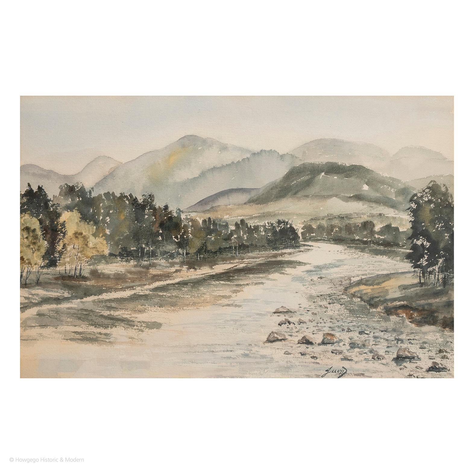 20th Century Watercolor Pair J Lloyd Landscape River For Sale